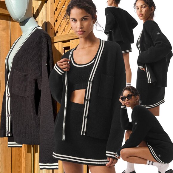 🆕 ALO YOGA 🧿 NWOT Tennis Club Sweater Knit Cardigan, Black/White - Sz M US 6/8 - Picture 1 of 16
